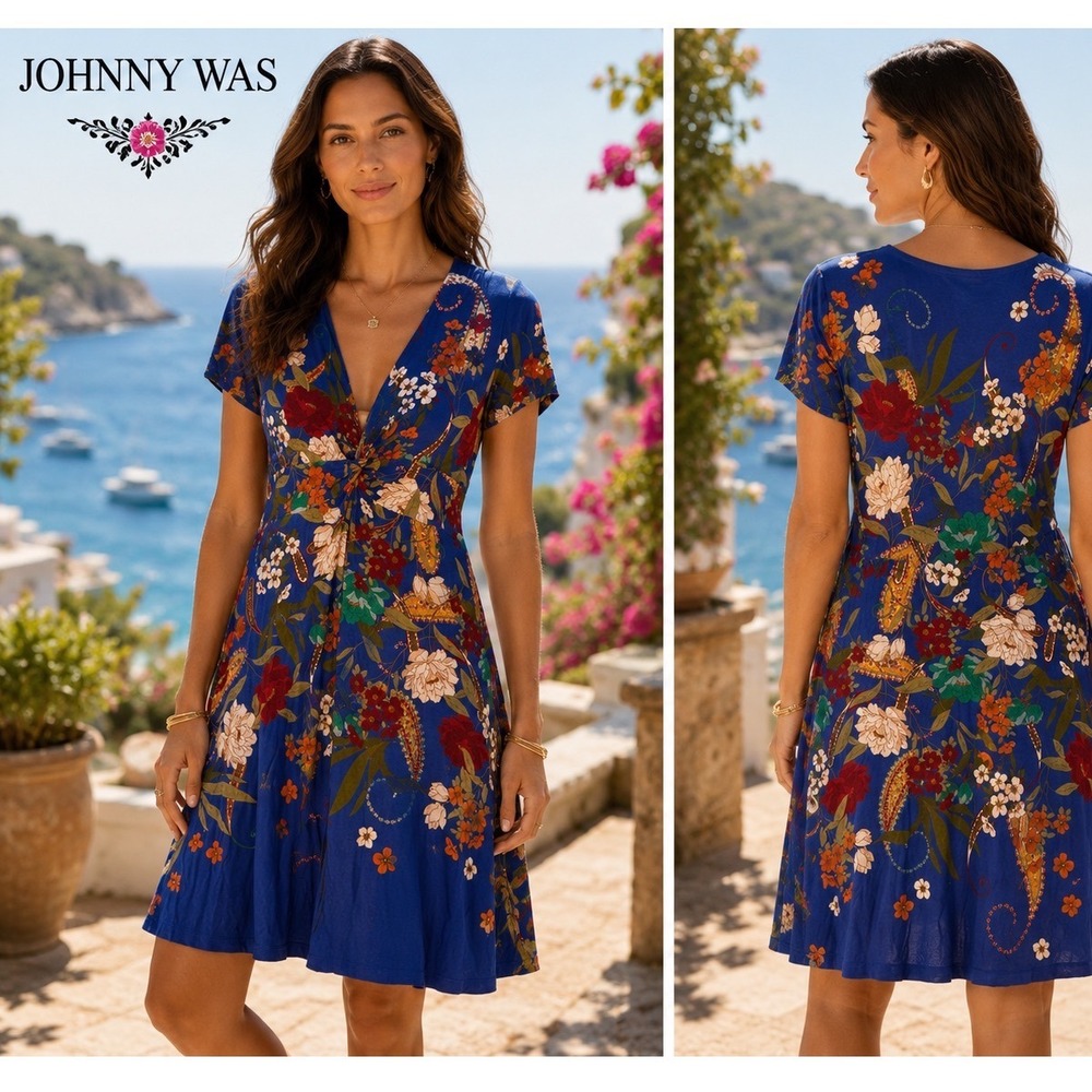 Johnny Was Dress Womens Medium‎ Blue Floral Twist Front V-Neck Short Sleeve